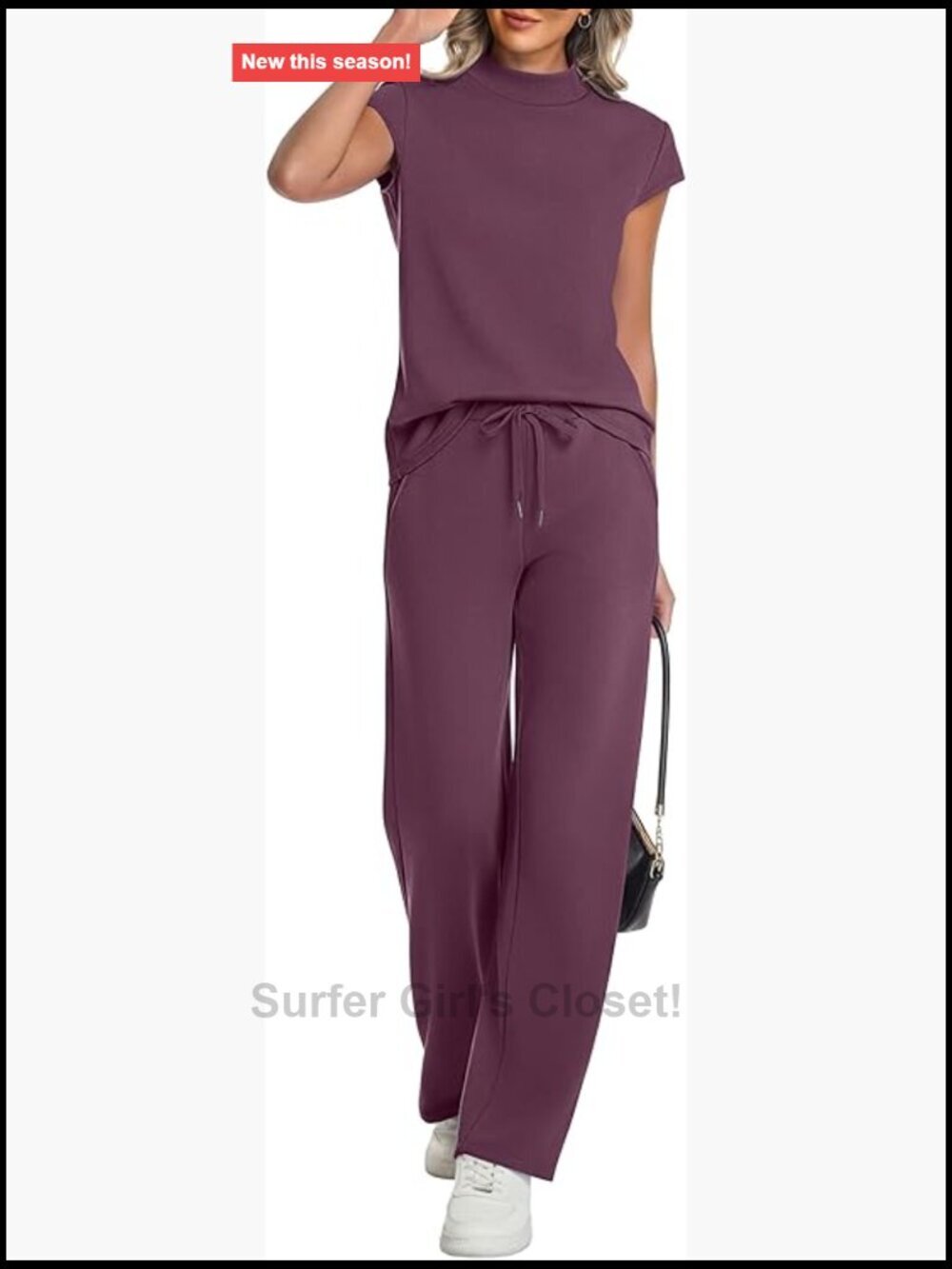Women's 2 Piece Lounge Set: Mock Neck Cap Sleeve Top & Wide Leg Pants